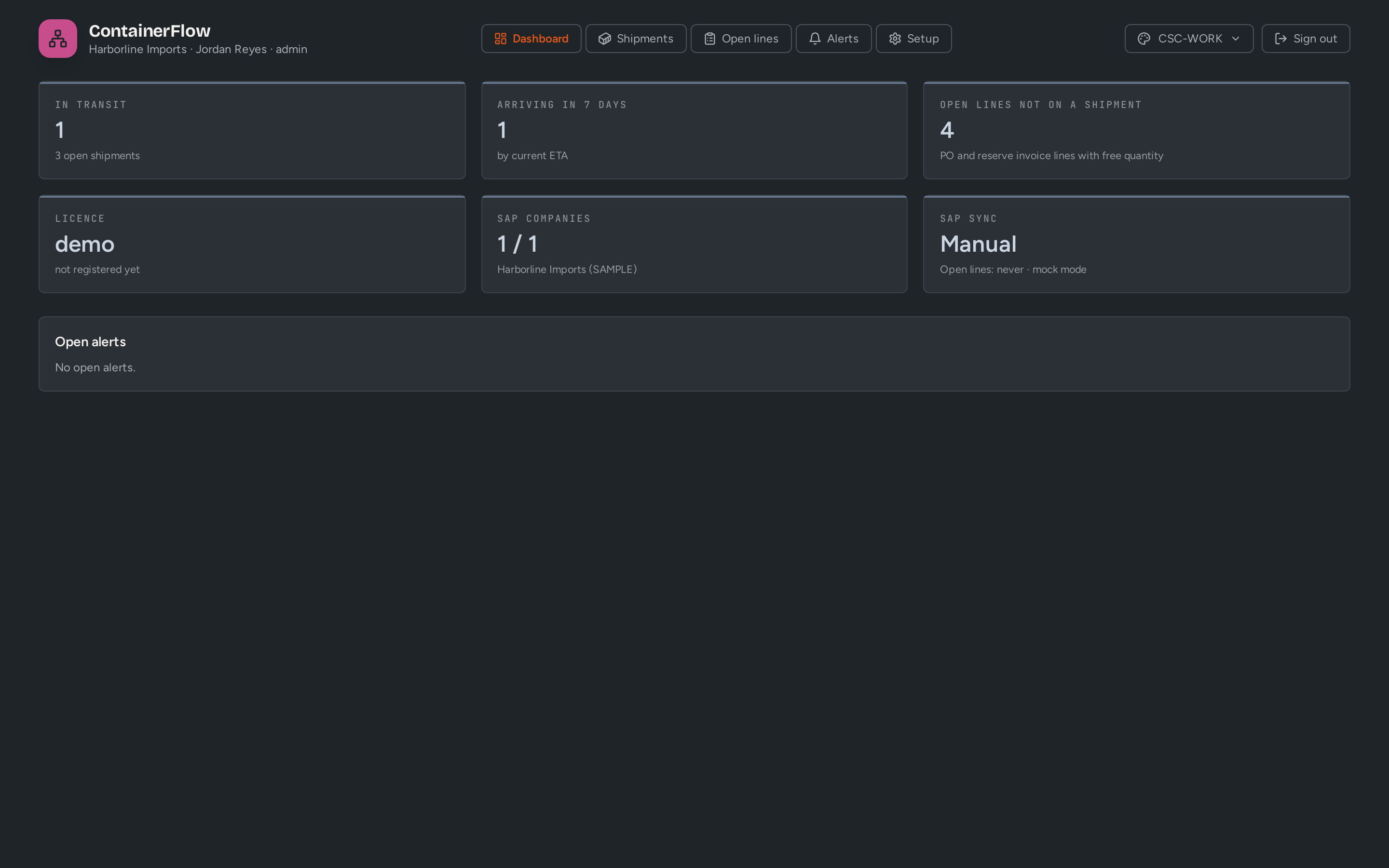 ContainerFlow: Pilot: in transit, arriving this week and lines not yet on a shipment (demo data)