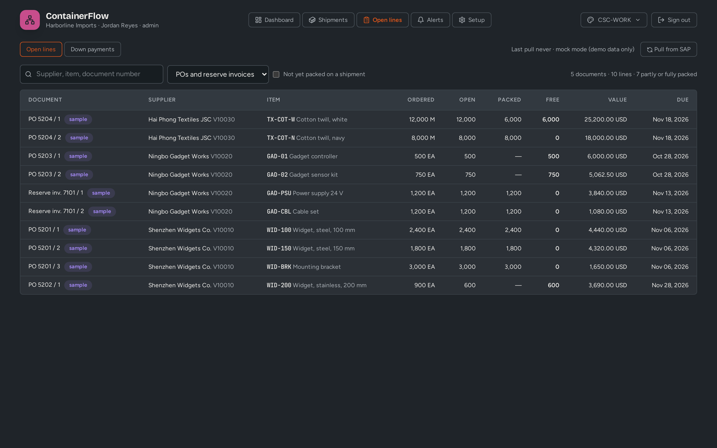 ContainerFlow: Pilot: open PO and reserve invoice lines, and how much is already packed (demo data)