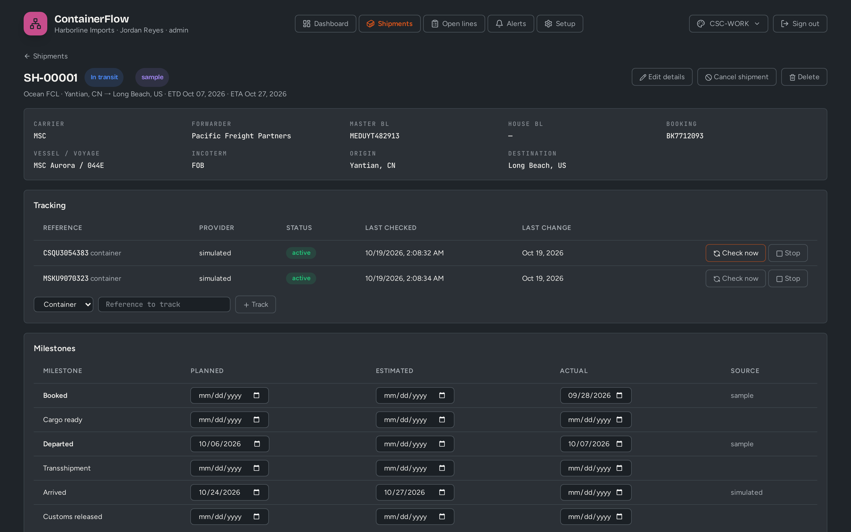 ContainerFlow: Pilot: one shipment with its tracking and milestones (demo data)
