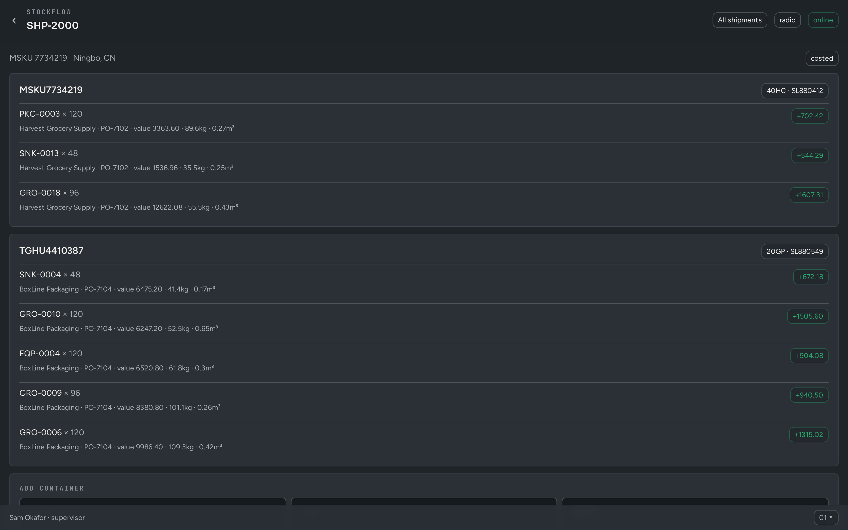 StockFlow: Inbound containers by shipment and PO