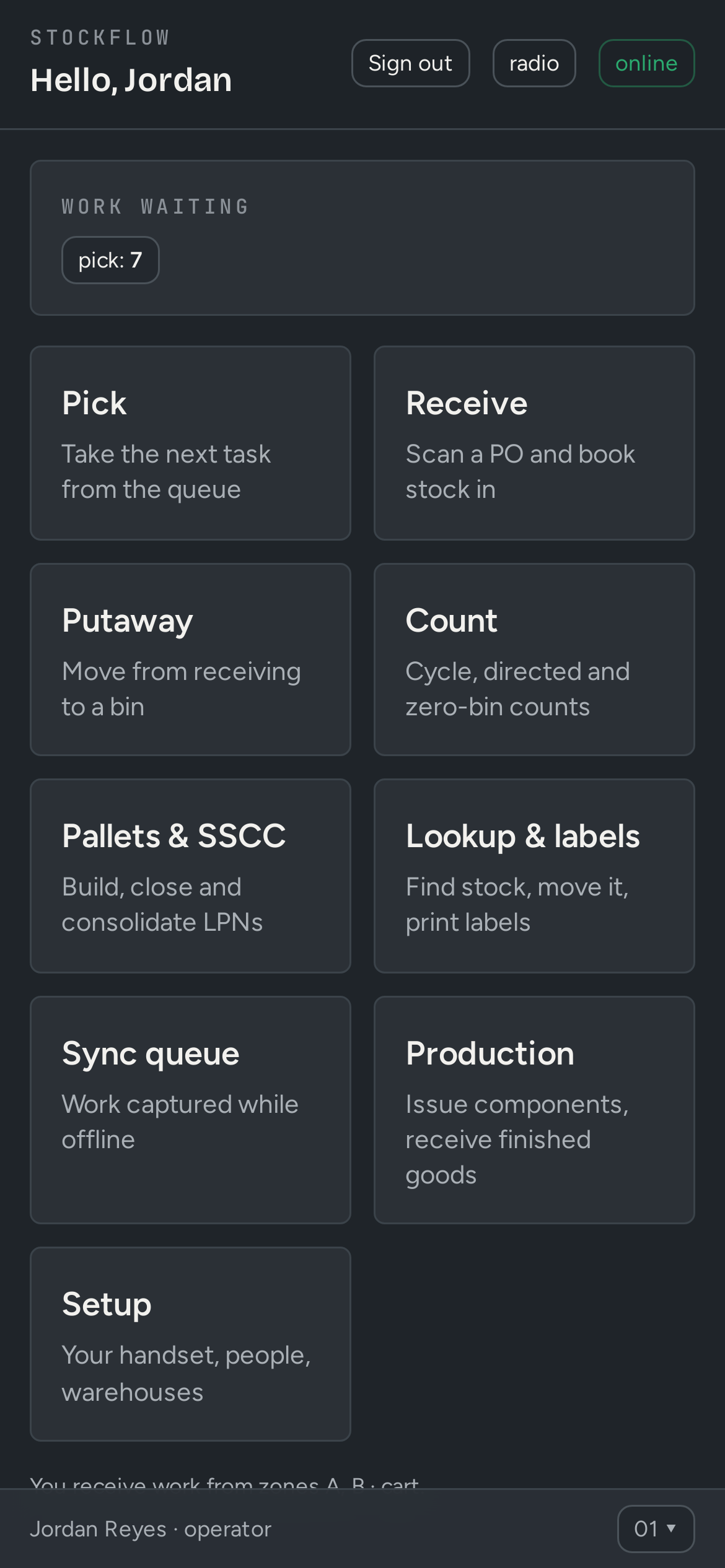 StockFlow: The handheld home screen: the operator's tasks